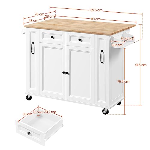 Yaheetech Kitchen Island with Extendable Rubberwood Tabletop, Rolling Kitchen Storage Trolley on Wheels with 2 Side Pull-outs & 2 Drawers & Adjustable Shelves, Dining Room Organiser Sideboard Cabinet