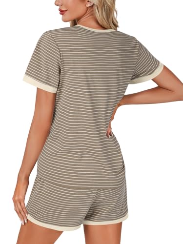 Image of LYANER Pajama Set for Women 2 Piece Lounge Set Striped Crew neck Short Sleeve Tops and Shorts Soft Sleepwear