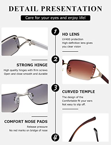 Kimorn Rectangle Sunglasses For Women Men Stylish Rimless Frameless Trendy Retro Sun Glasses 90’S Vintage Square Frame K1314 (Gradient Brown & Light Mirror Silver) #TOP5