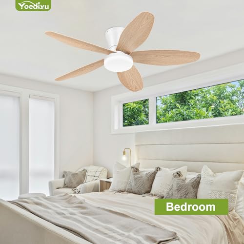 Yoedivu White&Wood Ceiling Fan with Light, 42 Inch Low Profile Flush Mount Ceiling Fan 6-Speed Wind, Quiet Reversible DC Motor, 3 Color Dimmable Lighting, Small Ceiling Fan for Living Room/Bedroom by Yoedivu - Used condition - Image 9