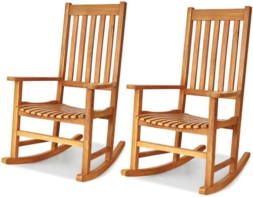 Tangkula Acacia Wood Porch Rocking Chair Set, Wooden Rocking Chair Rocker with High Back & Armrest for Indoor Outdoor Use, Patio Rocker for Garden Lawn Balcony Backyard Poolside (2, Teak)