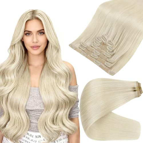 Full Shine Blonde Clip in Hair Extensions Ice Blonde Seamless Hair Extensions Clip in Invisible Hair Extension for Women...