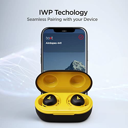 Image of Boat Airdopes 441 True Wireless in Ear Earbuds with mic, Upto 30 Hours Playback, Signature Sound, IWP Technology, IPX7, BT v5.0, Type-c Interface and Capacitive Touch Controls(Bumblebee Yellow)