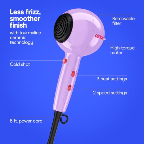 Image of Conair Cake Pop Blowout Kit, Hair Dryer with Diffuser & Concentrator, Round Brush, 3 Claw Clips, Blow Dryer for Women, Tourmaline Ceramic Technology, 3 Heat /2 Speeds, Lilac, 505AMZ
