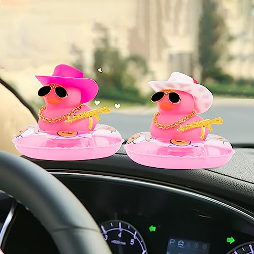 Image of wonuu Car Ornament Rubber Duck, for Car Dashboard Decoration Accessories with Hat Swim Ring Necklace Sunglasses, A Pink&Pink Cowboy Hat&Pink Duck