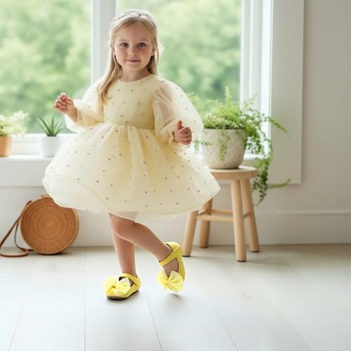 THEE BRON Girls Mary Jane Ballet Flats with Bow Toddler Dress Shoes for Party Outfits(G06 Yellow/9M) - Thumbnail 2