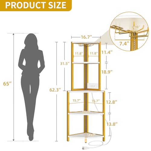 DWVO Corner Shelf with Power Outlets & LED Lights & Glass Holder, 5 Tier Corner Bar Rack, Vintage Wine Rack Display Shelves for Living Room, Dining Room, Kitchen, Gold