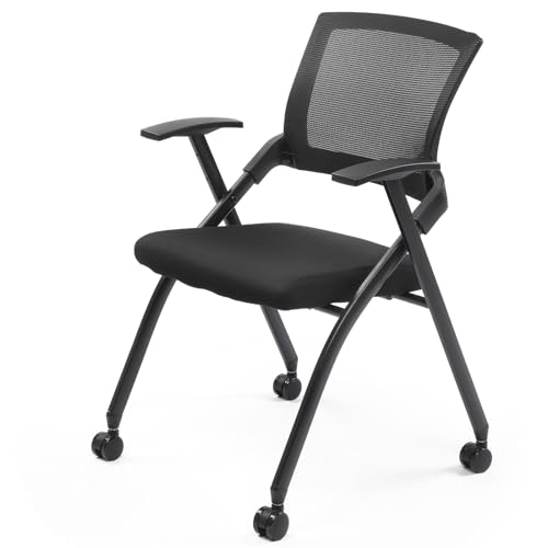 Stackable Folding Conference Chair with Wheels Rebound Back & Padded Seat 350 lbs Capacity Black Office Guest Chair for Training Rooms Reception Events 1 Pack