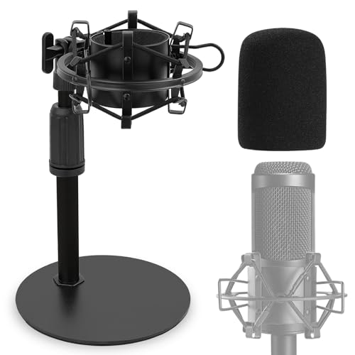 Frgyee Upgraded AT2020 Desktop Mic Stand Adjustable Table Microphone Stand with Shock Mount and Foam Windscreen for Audio Technica AT2020 AT2020USB+ AT2035 ATR2500 Condenser Mic