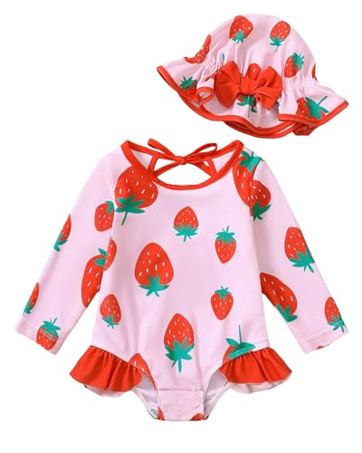 SUNNY PIGGY Baby Girls One Piece Swimsuit Long Sleeve Floral Bathing Suit+Hat 2Pcs