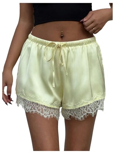 MakeMeChic Womens Satin Lace Boxer Shorts Y2k Elastic Waist Lounge Slip Shorts French Knickers Light Yellow Medium