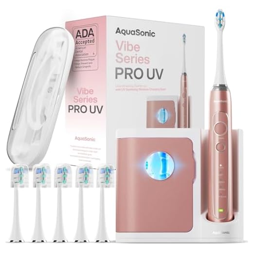 Aquasonic Vibe Series PRO – Ultra-Whitening Electric Toothbrush – 5 Modes & Smart Timers – UV Sanitizing Base – ADA Accepted (Satin Rose Gold)