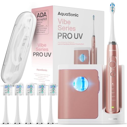 Aquasonic Vibe Series PRO Ultra-Whitening Electric Toothbrush 5 Modes & Smart Timers UV Sanitizing Base ADA Accepted (Satin Rose Gold)