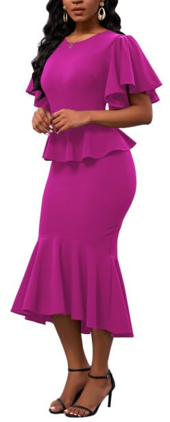 Image of Womens Summer Ruffle Short Sleeve Fishtail Dress Evening Cocktail Formal Peplum Midi Mermaid Dresses Elegant