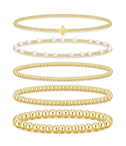 Gold Plated Beaded Bracelets for Women: Dainty Pearl and Ball Stretch Stackable Set