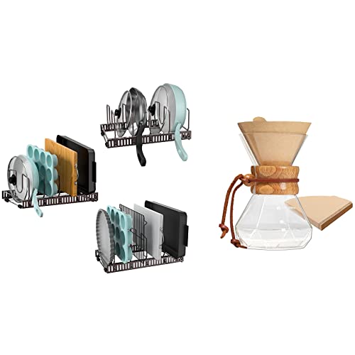 Image of Puricon (3 Set Pot Rack Pan Lid Organizer with 15 Adjustable Dividers Bundle with Pour Over Coffee Maker with V60 Paper Filter 40 Sheets, Holds 1 to 2 Cups