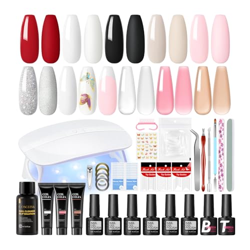 COSCELIA Kit Uñas Semipermanentes, 6 Colores Esmaltes Semipermanentes Para Uñas y 3 Colores Extensión de Uñas con Lámpara, Base Top Coat,Kit Manicura para Principiantes