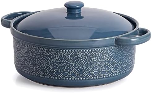 FUN ELEMENTS Casserole Dish, 2 Quart Lace Emboss Casserole Dish with Lid, Oven to Table Ceramic Round Serving Dish with Handles for Dinner and Party(Grayish Blue)