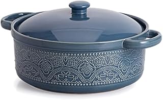 FUN ELEMENTS Casserole Dish, 2 Quart Lace Emboss Casserole Dish with Lid, Oven to Table Ceramic Round Serving Dish with Handles for Dinner and Party(Grayish Blue)