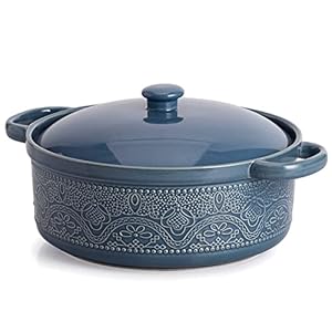 FUN ELEMENTS Lace Emboss Casserole Dish with Lid, 2 Quart Oven to Table Ceramic Round Serving Dish with Handles for Dinner and Party(Grayish Blue)