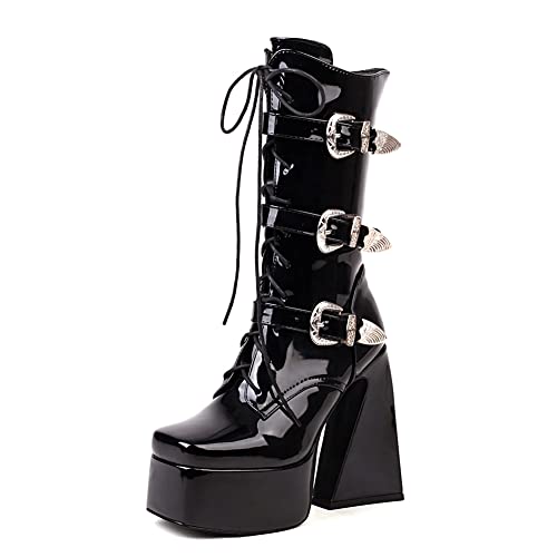 PAUVAODY Plateau Stiefel für Frauen Chunky Heel Gotisch Stiefel Schnüren Runde Zehen Ankle Stiefeletten Goth Lacknk Block Heel Mid Calf Stiefel LackBlack Size 45 Cover