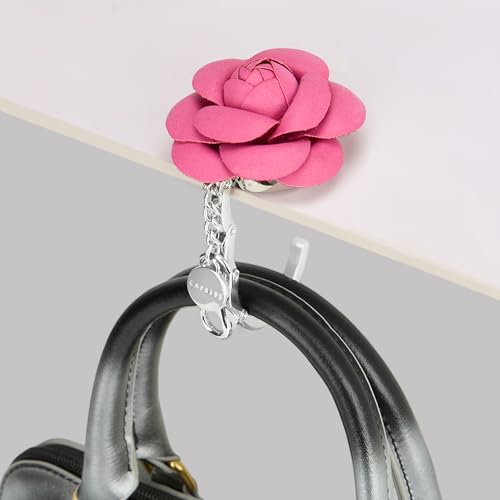 Image of Caprese Rose Flower Purse Hook & Bag Charm for Handbags | 2-in-1 Detachable PU Floral Table Hanger & Beige Accessory | Holds up to 7 kg (Magenta)