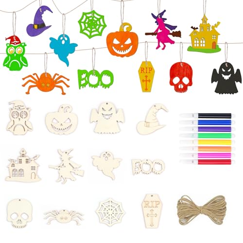 EOAMGO 24PCS Wooden Halloween Craft Kit, DIY Arts and Crafts Set with Ornaments, Paint Pens and Jute String