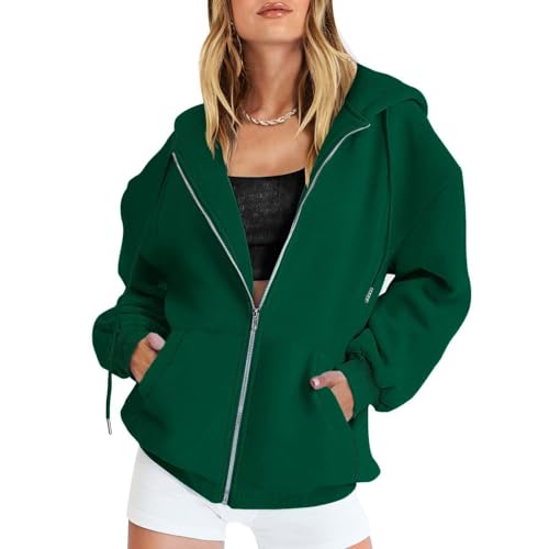 Felpa con cappuccio oversize da donna con zip autunno taglie forti con tasche giacche leggere da donna con cerniera camicia top, Verde scuro, M Felpa con cappuccio oversize da donna con zip autunno taglie forti con tasche giacche leggere da donna con cerniera camicia top, Verde scuro, M