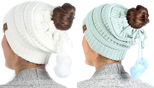 Messy Bun Beanie Ribbed Knit Hat Cap 