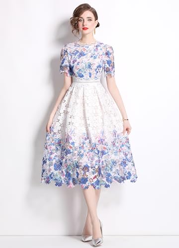 Image of LAI MENG FIVE CATS Women's Lace Floral Short Sleeve Crochet Waist Cocktail Midi Dress