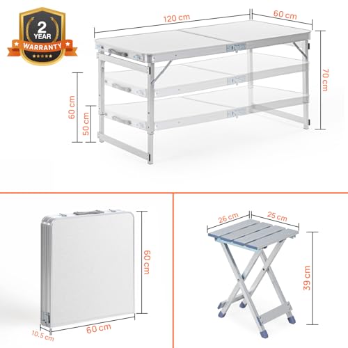 Image of Corvids 4 Feet Multipurpose Aluminium Folding Camping Table with 4 Aluminium Chairs & Carrying Handle | Height Adjustable Table for Picnic, Hiking, Garden, Outdoor & Indoor Use (White)