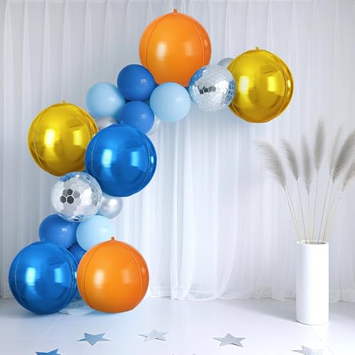 Image of 9 Pcs Orange Blue Gold Round Foil Balloons,22 Inch Round Balloons | Orange Blue Gold Giant 4D Round Ball Balloons For Kids Birthday Graduation Summer Carnival Party Decorations