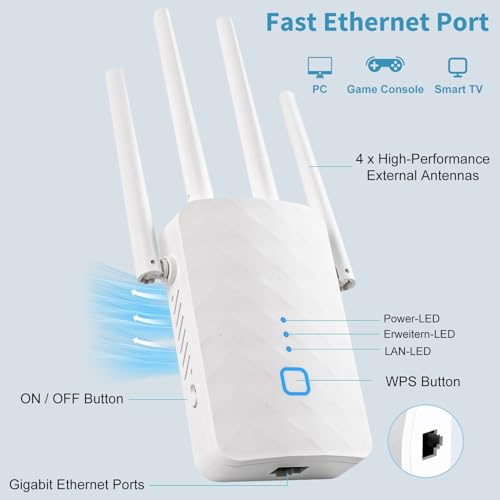 MEETOWN WLAN Verstärker, Ultraxtender WLAN Repeater, 1200Mbit/s Dualband WiFi Repeater mit WPS, 5G+2,4GHz Gigabit-LAN, AP Modus, Kompatibel Allen Standard-WiFi Routern, WiFi Geräten, Alexa
