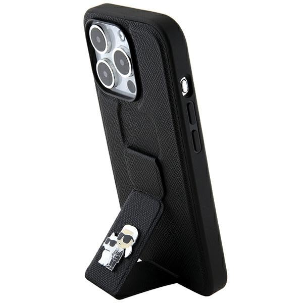 Karl Lagerfeld KLHCP13LGSAKCPK Coque pour iPhone 13 Pro / 13 6,1" Noir Rigide Grip Stand Saffiano Karl&Choupette Pins