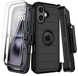 for iPhone 16 Plus Case with 2 Screen Protectors,Heavy Duty Shockproof Drop Protection Military Grade Tri-Layer Rugged Phone Cover with Belt Clip Holster & Kickstand for Apple 16 Plus 6.7' Black