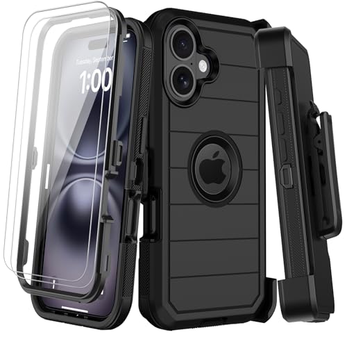 for iPhone 16 Plus Case with Belt Clip Holster,2X Screen Protectors,Heavy Duty Shockproof Drop Protection Military Grade 3 Layers Full Covered Rugged Durable Phone Cover with Kickstand 6.7“ (Black) by KECAI - Used condition - US$16.63