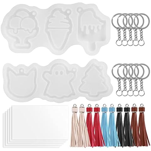 Lazymi Resin Keyring Mould with Hole, 2Pcs Keyring Resin Moulds Silicone with 10 Keychain Tassels, 10 Key Rings and 5Pcs Sealing Films, Quicksand Silicone Moulds for Resin Casting Keyring Making Cover