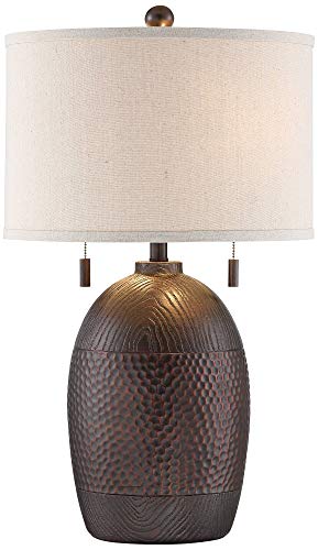 Franklin Iron Works Byron Rustic Farmhouse Industrial Table Lamp 27.5" Tall Hammered Textured Bronze White Fabric Drum Shade Decor For Living Room Bedroom House Bedside Nightstand Home Office #TOP1