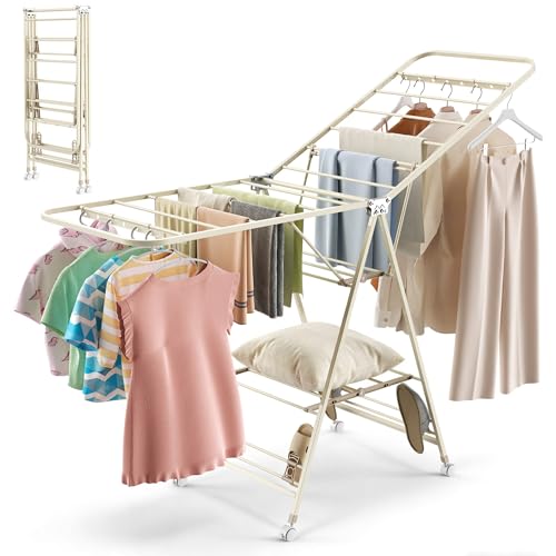 JoyCushy Heavy Duty Clothes Airer - Winged 3-Tier Drying Rack with 23 Bars & 4 Lockable Wheels, Adjustable Height for Indoor/Outdoor Use