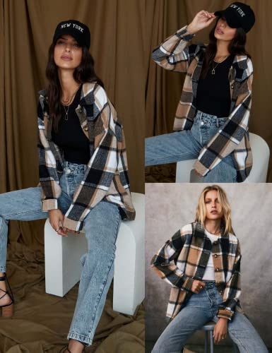 Qiaomai Womens Fall Shacket Jacket Plaid Flannel Wool Blend Button Down Shirt Coats (#1Khaki-M) #TOP4