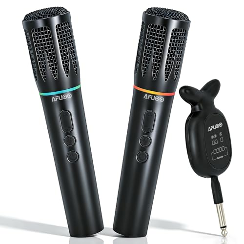 AFUOO Rechargeable Wireless Microphones & Bluetooth Dual-Mics Receiver for Karaoke, Singing, Speech, DJ, 24H Battery, 200ft, RGB Light, Wireless Microphone Set for Mic/Aux/USB Port (Dual Mic, Black)