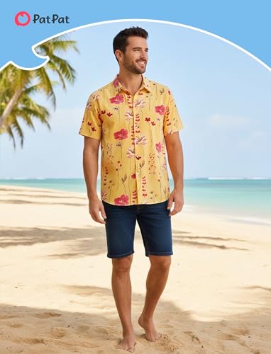Image of PATPAT Couples Matching Outfits Hawaiian Women Dresses & Men Shirts | Matching Cruise Outfits for Couples, Beach Vacation Outfits, Spaghetti Strap Midi Sundress, Men Boho Tropical Print Shirt