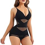 REYEOGO V Neck Bodysuit Shapewear for Women Tummy Control Waist Trainer Full Body Shaper Built-in Bra Camisole Jumpsuit Tops (Black, Large)