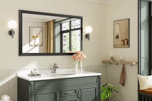 50x30 Inch Black Bathroom Mirror for Wall, Thick Metal Framed Rectangle Mirrors for Over Sink, Bedroom, Living Room, Entryway, Anti-Rust, HD Tempered Glass