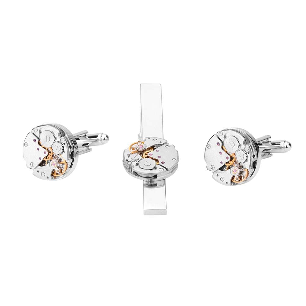 Uhrwerk Silber Manschettenknöpfe und Krawattennadel Clip Set für Männer Stilvolles Accessoire Geschenkset