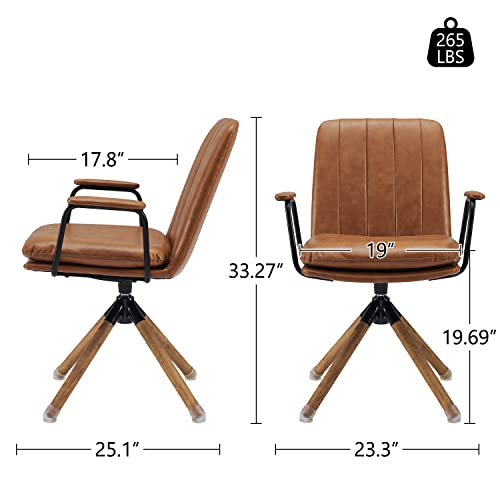 Art Leon Desk Chair No Wheels, Set Of 2, Mid Century Modern Swivel Chair With Oak Wood Legs, Faux Leather Home Office Desk Chairs For Bedroom Living Room, Yellow Brown #TOP1