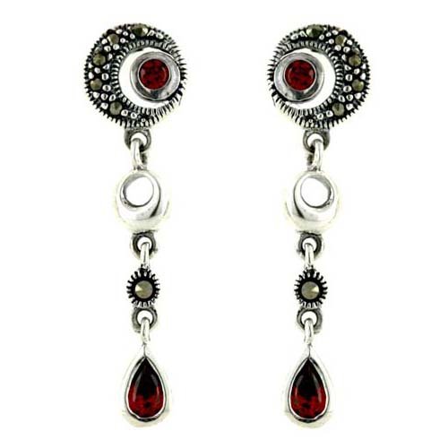 Sterling Silver Marcasite Circle with Garnet Cubic Zirconia Bezel Teardrop