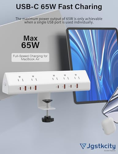 Image of Jgstkcity Desk Clamp Power Strip,Edge Mount,65W USB C,1200J,White | 4 USB-C Ports,Fit 1.96'' Tabletop,1875W Extension Cord,ETL Listed,Outlet Extender Desk Organizer,Office,Gaming,Dorm