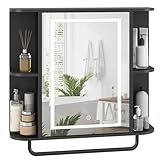 MAHANCRIS Bathroom Wall Cabinet with Mirror, Mirrored Medicine Cabinet with 3 Colors LED Light and 4 Open Shelves, Wall Mounted Storage Cabinets with Adjustable Shelf, 24.7'L x 6.7'W x 26.7'H, Black