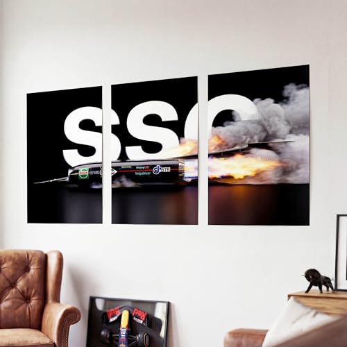 Image of SoulAbiti 3-Piece Thrust SSC Wall Art World Land Speed Record Jet Car Printed Poster- Large Engineering Triptych Posters - Racing Decor for Room, Office & Garage